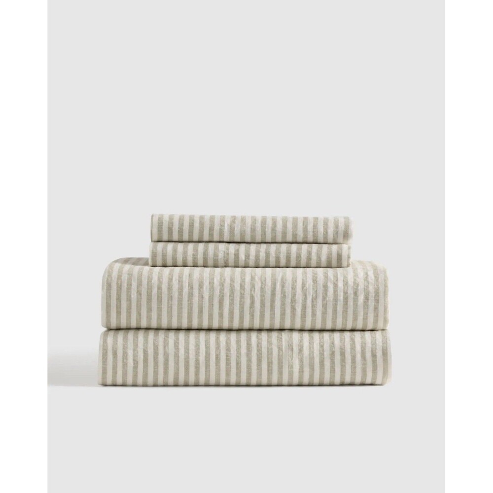 NEW Quince 100% European Linen Stripe Sheet Set, Queen, Willowleaf